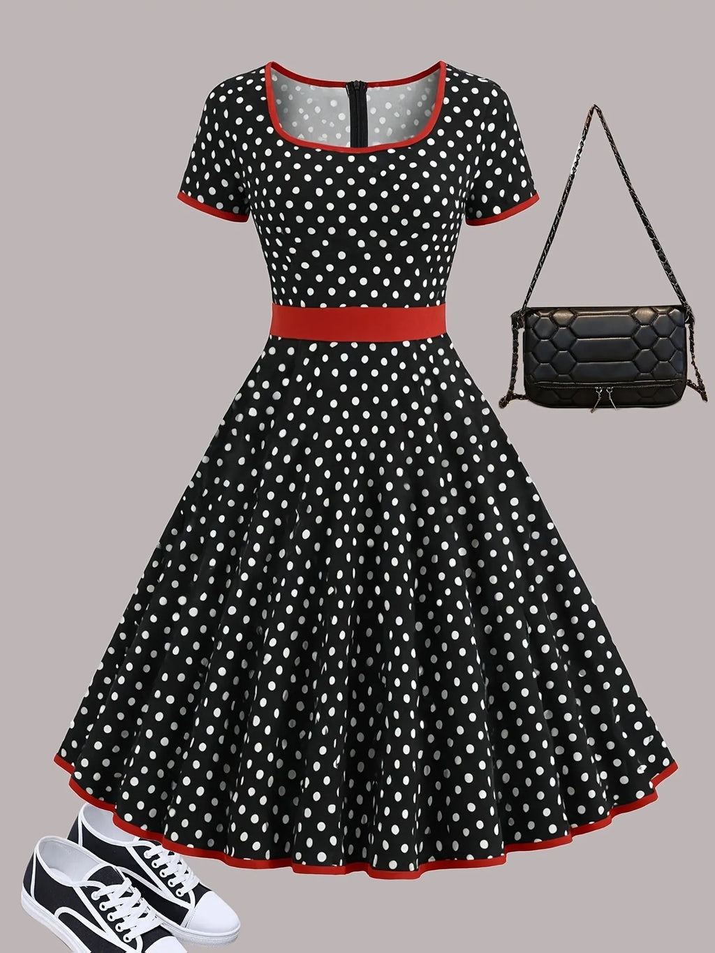Multicolour polka dot pleated dress with square collar and short sleeves.