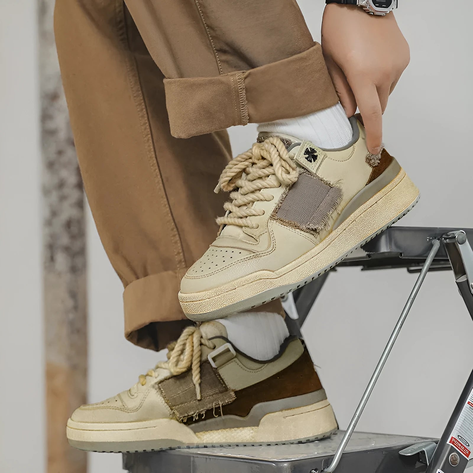 Beige low-top vintage style skate shoes with lace-up front and rubber sole.