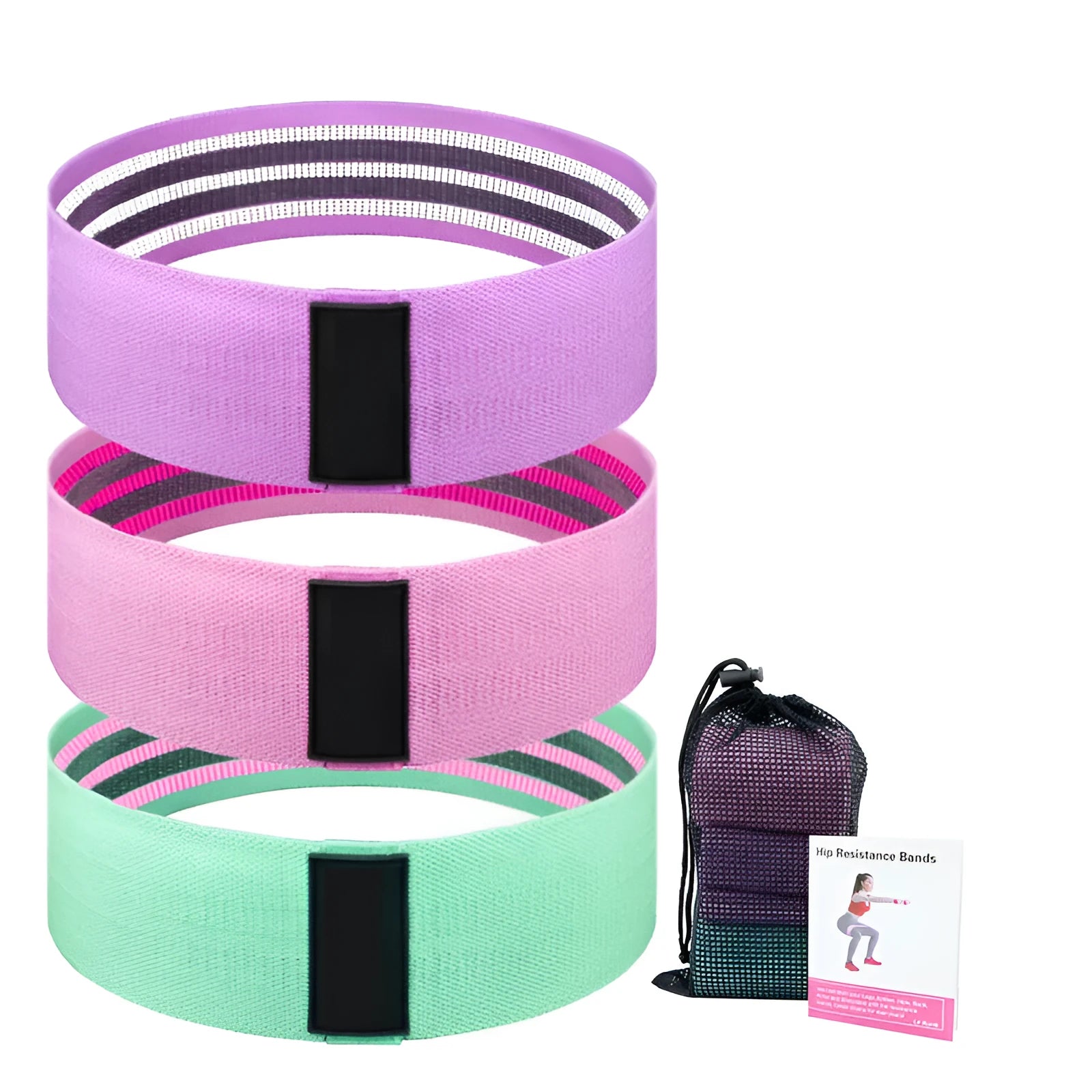 Three fabric resistance bands in lake blue, pink and purple colours with mesh storage bag
