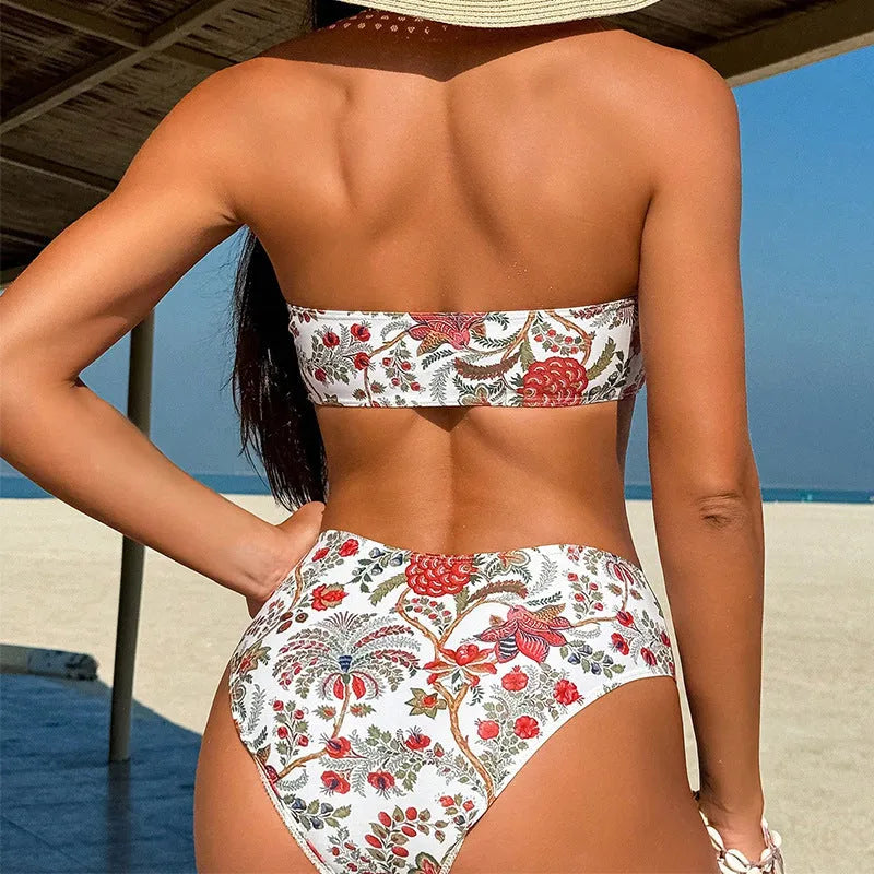 Women's printed bandeau swimsuit with matching shorts set showing colour printing design
