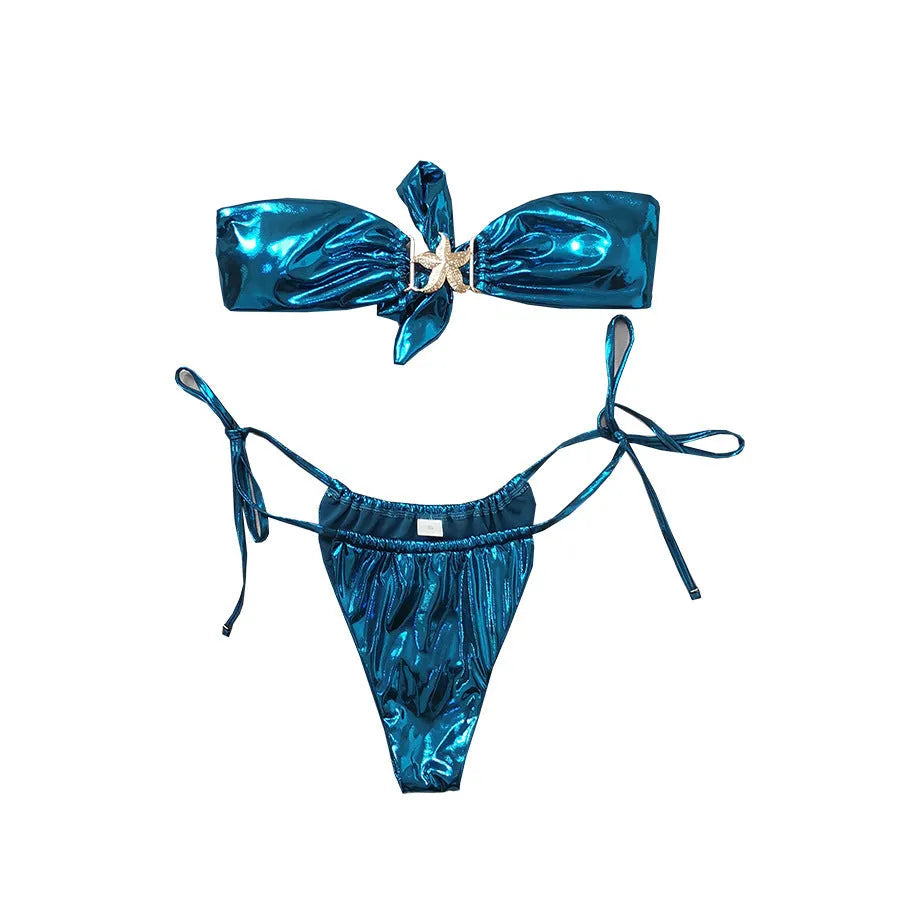 Glossy sapphire blue tube top bikini set with gold starfish print on a mannequin.