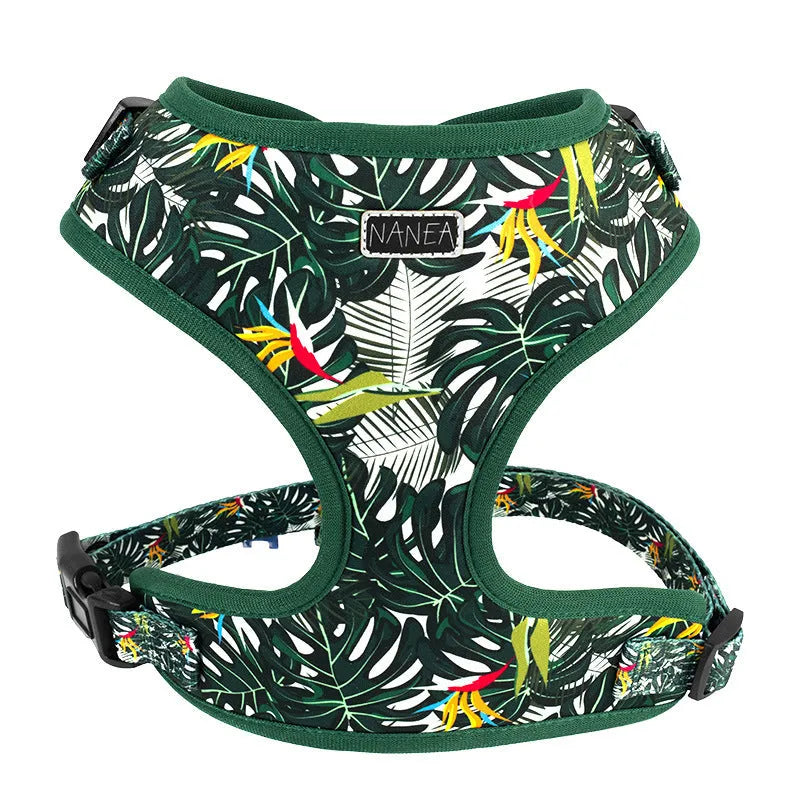 Adjustable cloth dog harness set with leash, collar, waste bag, bow, and bib accessories