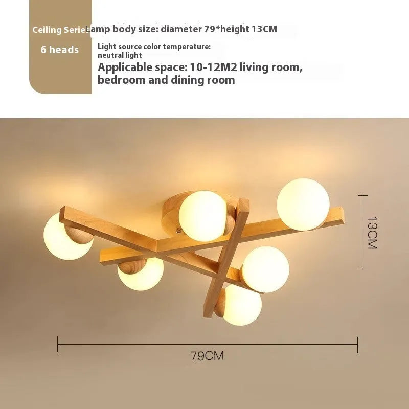 Wooden style living room ceiling light with three adjustable heads in Nordic modern design
