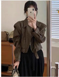 Women's brown retro imitation leather jacket with slim fit and pocket detailing