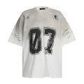 Men's black and white short-sleeved printed cotton t-shirt showing size options S, M, L, XL.