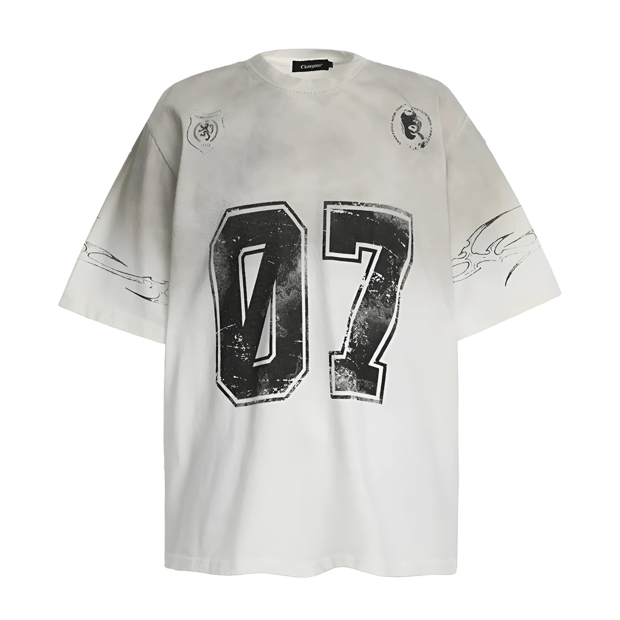 Men's black and white short-sleeved printed cotton t-shirt showing size options S, M, L, XL.