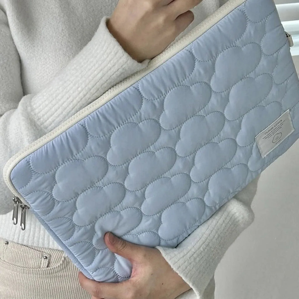 Cotton laptop sleeve with cloud embroidery in white or blue for 11 inch, 13-14 inch, and 15-15.6 inch devices.