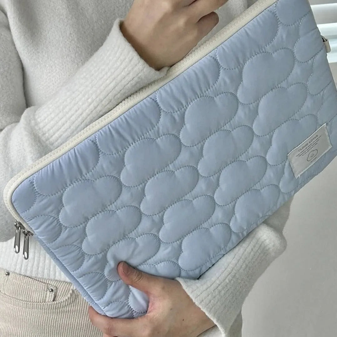 Cotton laptop sleeve with cloud embroidery in white or blue for 11 inch, 13-14 inch, and 15-15.6 inch devices.