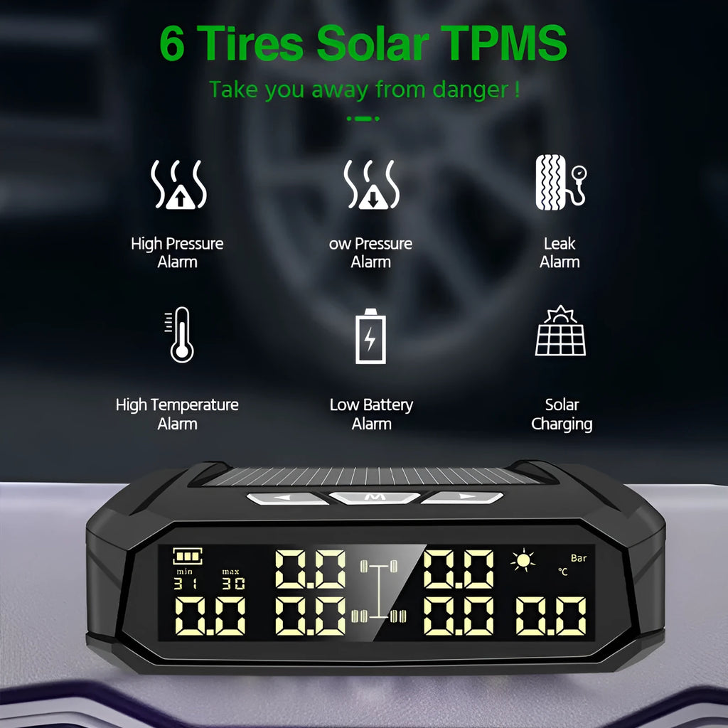 Solar external tire pressure monitor display with six sensors for RV and truck use