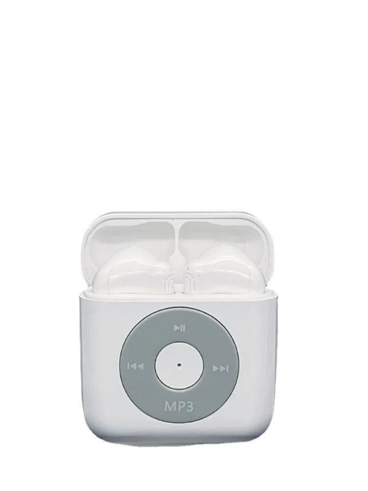 White wireless Bluetooth earphones with a semi-in-ear design and a charging case on a white background.