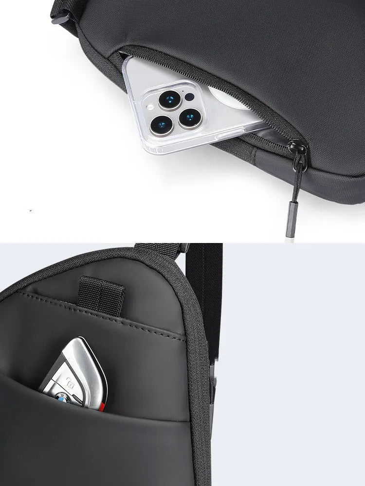 Men's simple black crossbody bag made from wear-resistant Oxford fabric.