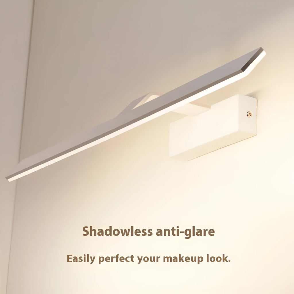 White LED mirror headlight mounted on wall showing positive white light illumination