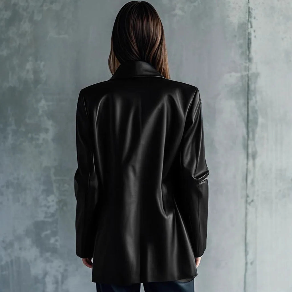 Black women's medium-length polyester jacket with long sleeves on a hanger.
