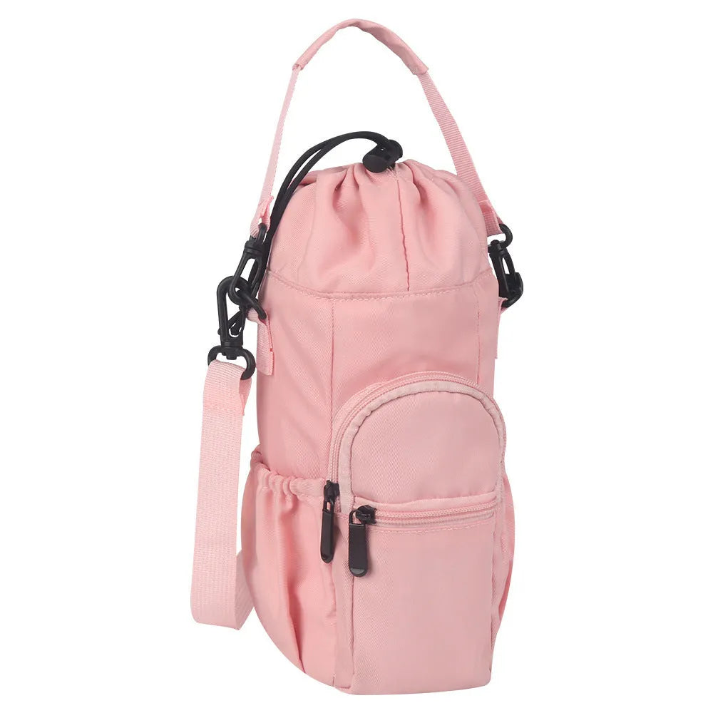 Cloth canvas water bottle pouch with a removable crossbody strap in black, green, and pink colour options.