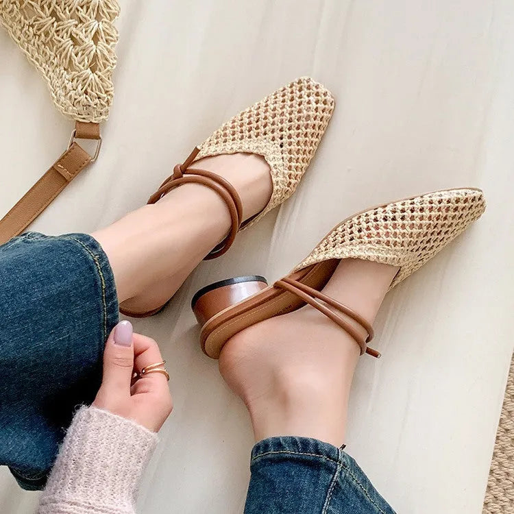 Women's black French retro square toe slippers with hollow-out design and chunky mid heel