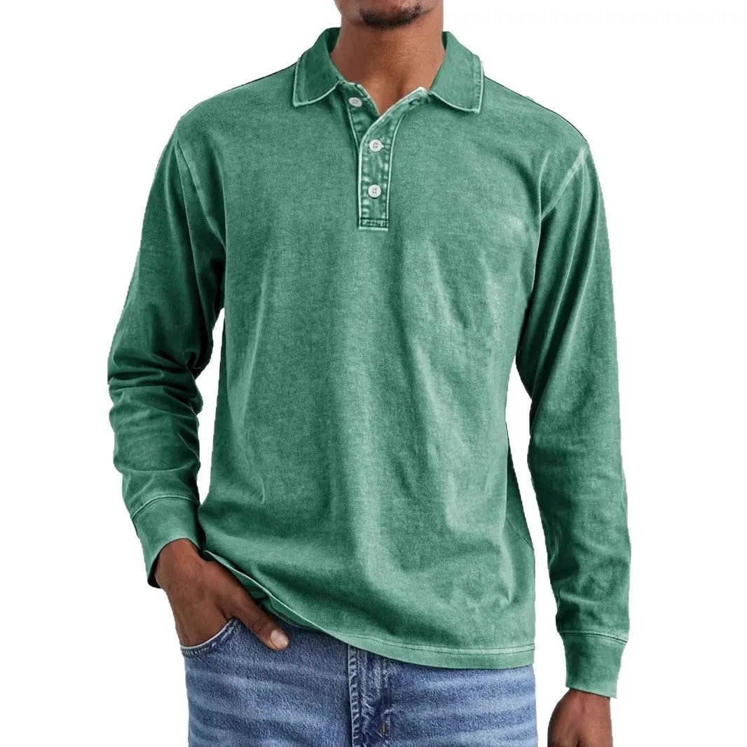 Retro washed pure cotton polo shirt with long sleeves and a lapel collar, shown in Army Green.