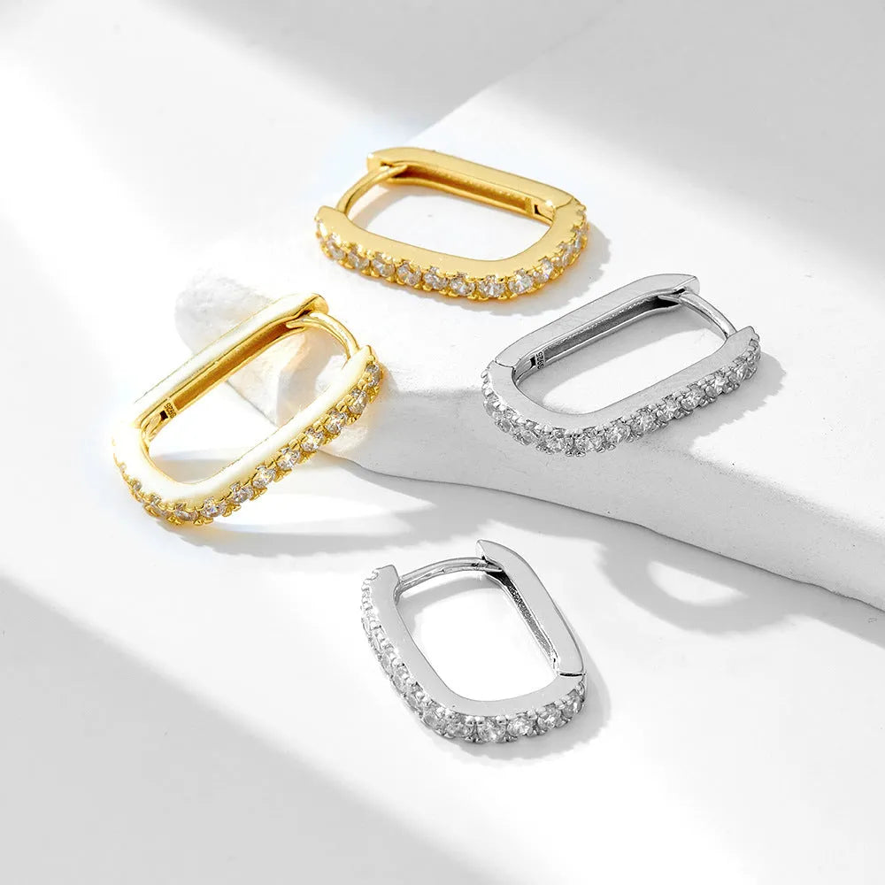 S925 sterling silver oval zircon ear clips with geometric design in yellow or white colour options
