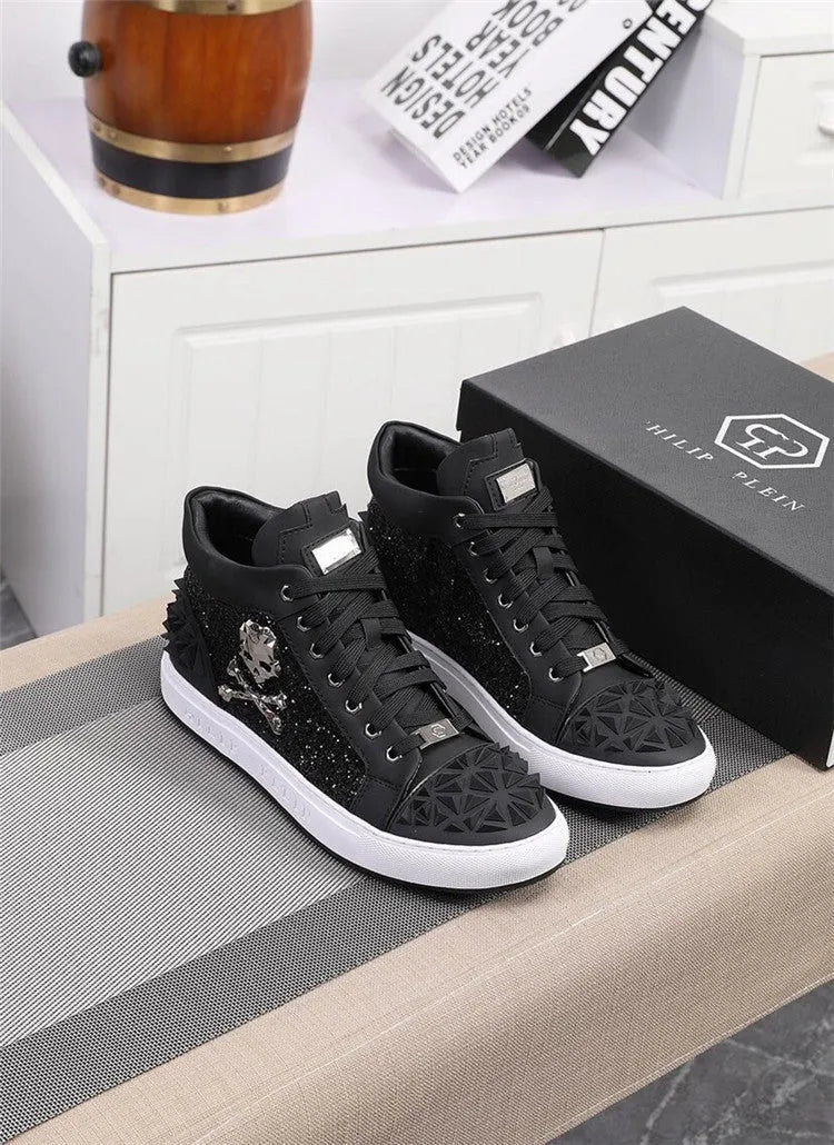Men's black genuine leather skeleton high top shoes with lace-up front