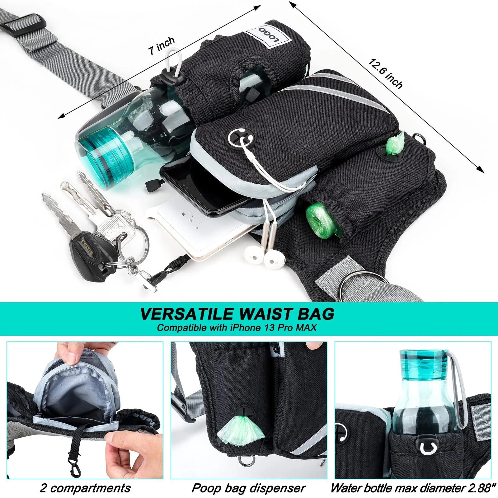 Black nylon dog walking waist bag and leash set for outdoor pet training activities