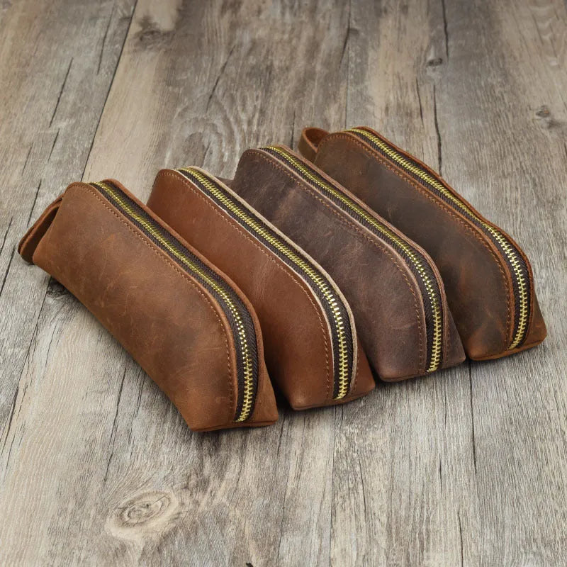 Genuine cowhide leather pencil case with zipper closure in square design measuring 18cm
