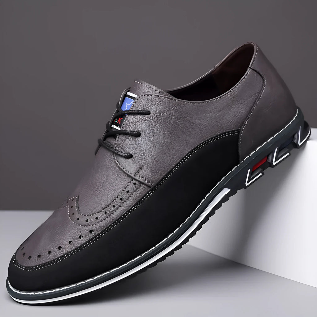 Men's leather casual shoes in black, grey, khaki, or orange with rubber sole and low-top design