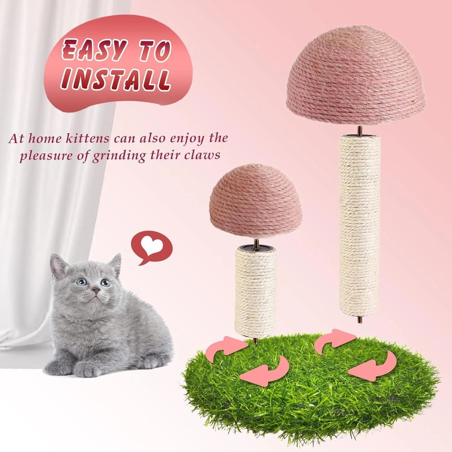 Pink mushroom cat scratching post with natural sisal pole for kittens