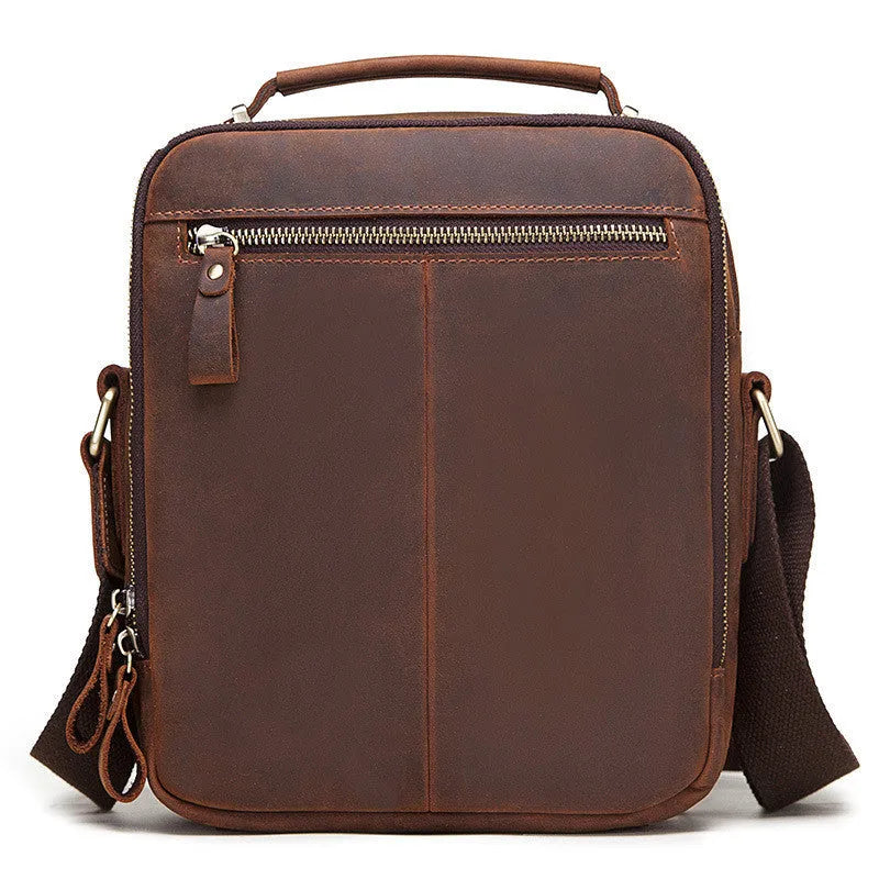 Men's brown Crazy Horse leather crossbody bag with single shoulder strap and decorative sewing lines