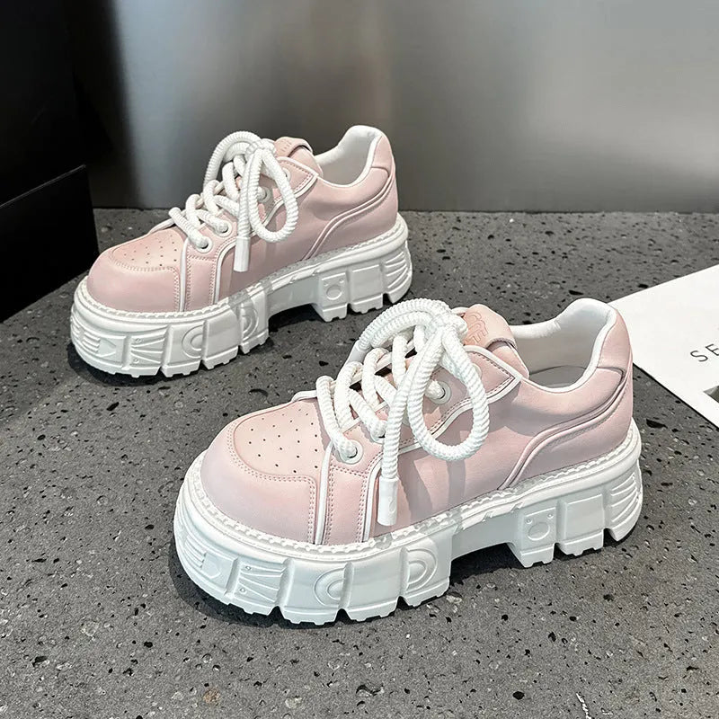 Women's beige leather muffin bottom casual shoes with rubber foam soles for height increase