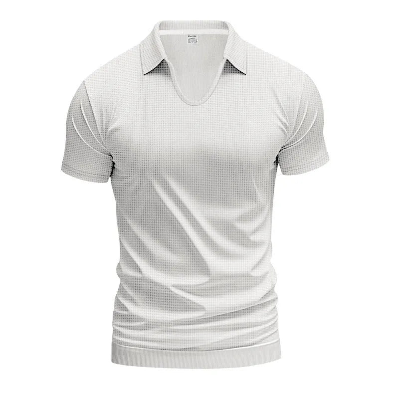 Men's casual V-neck t-shirt in loose fit with short sleeves, shown in light blue colour