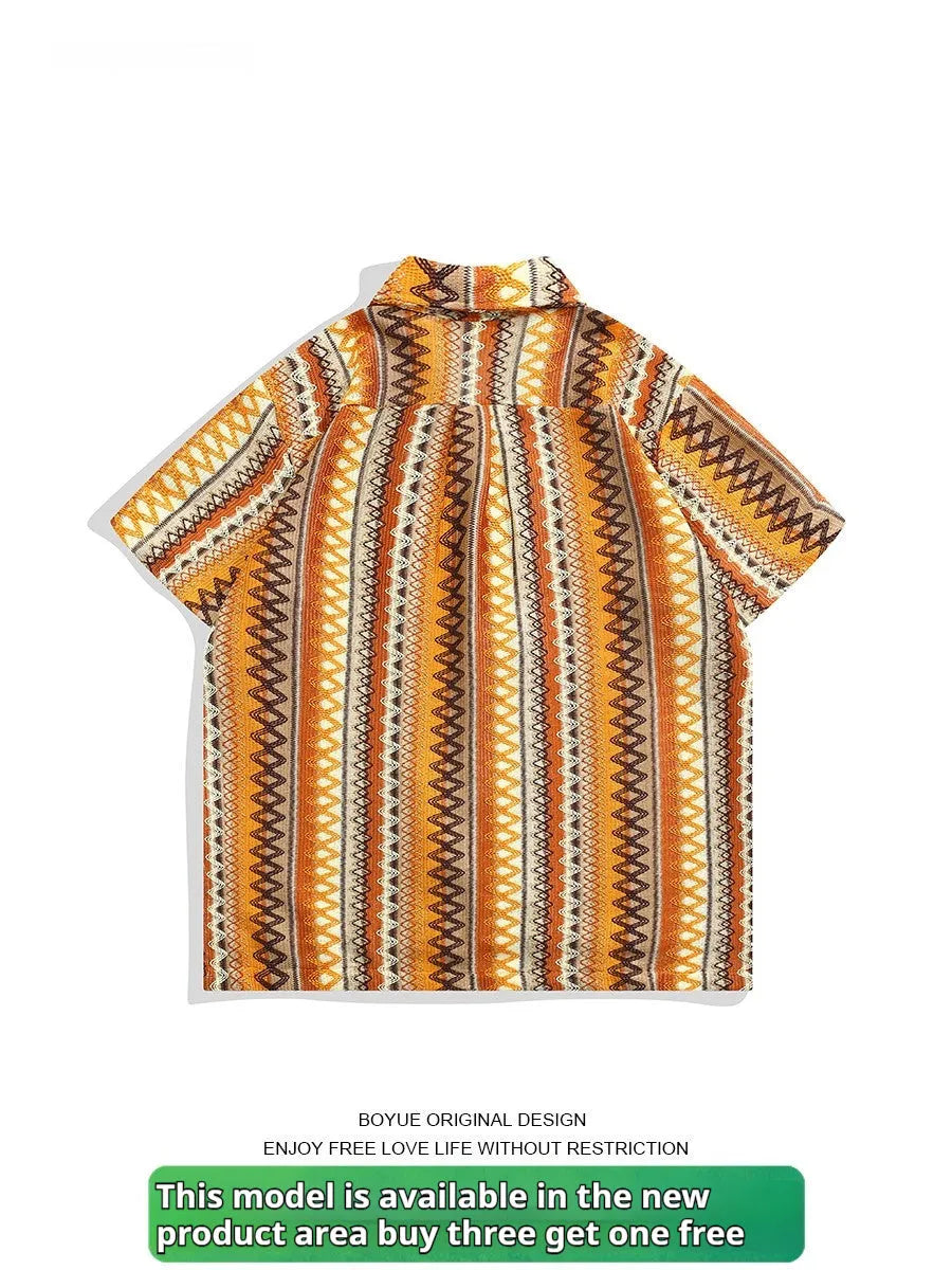 Loose fit Cuban collar shirt in a woven contrast colour pattern with drop-shoulder short sleeves.