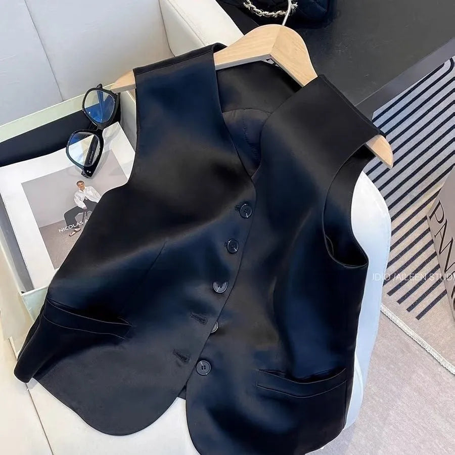Black women's sleeveless vest in satin fabric with V-neck and loose fit design