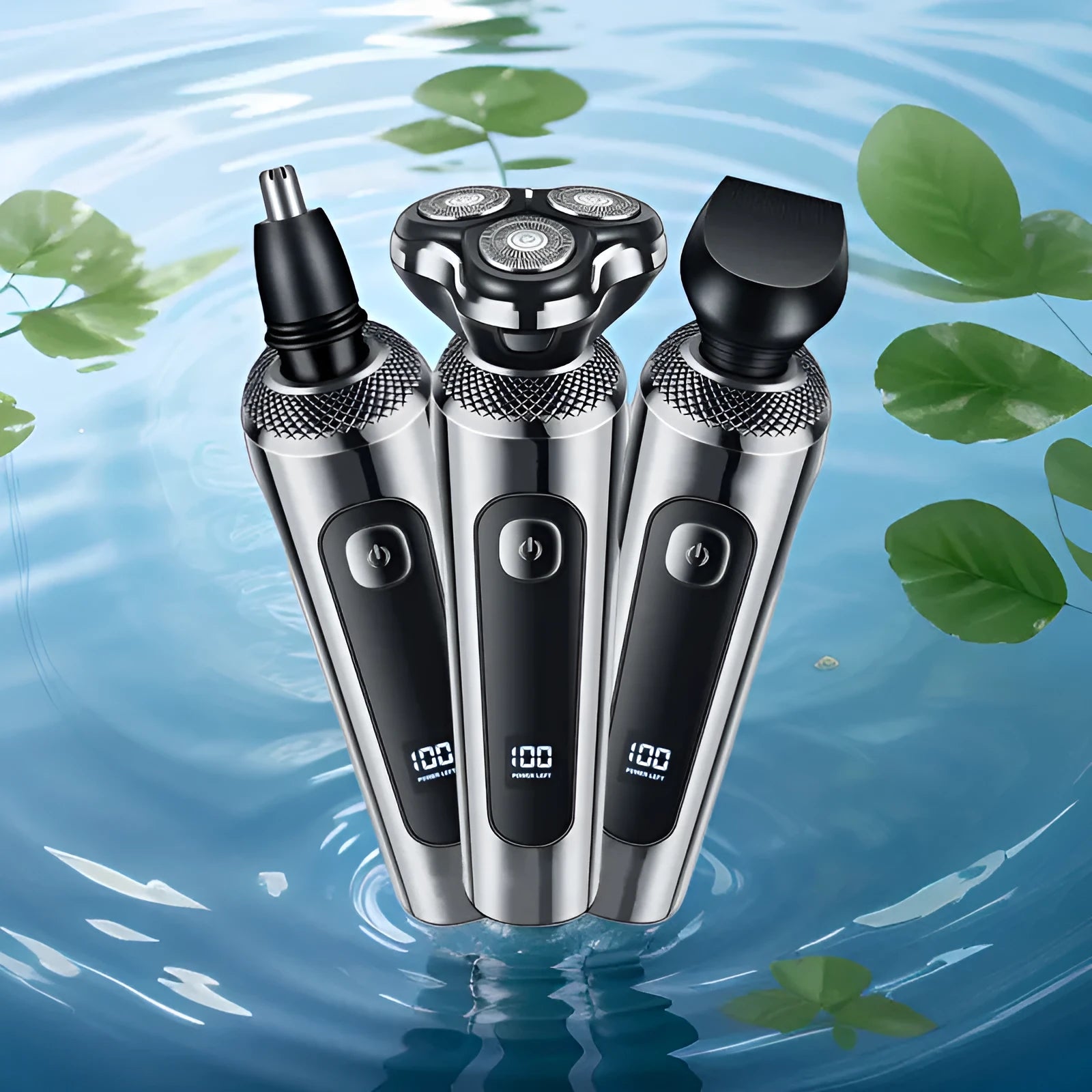 Digital display USB rechargeable beard trimmer with washable floating cutter head on charging base