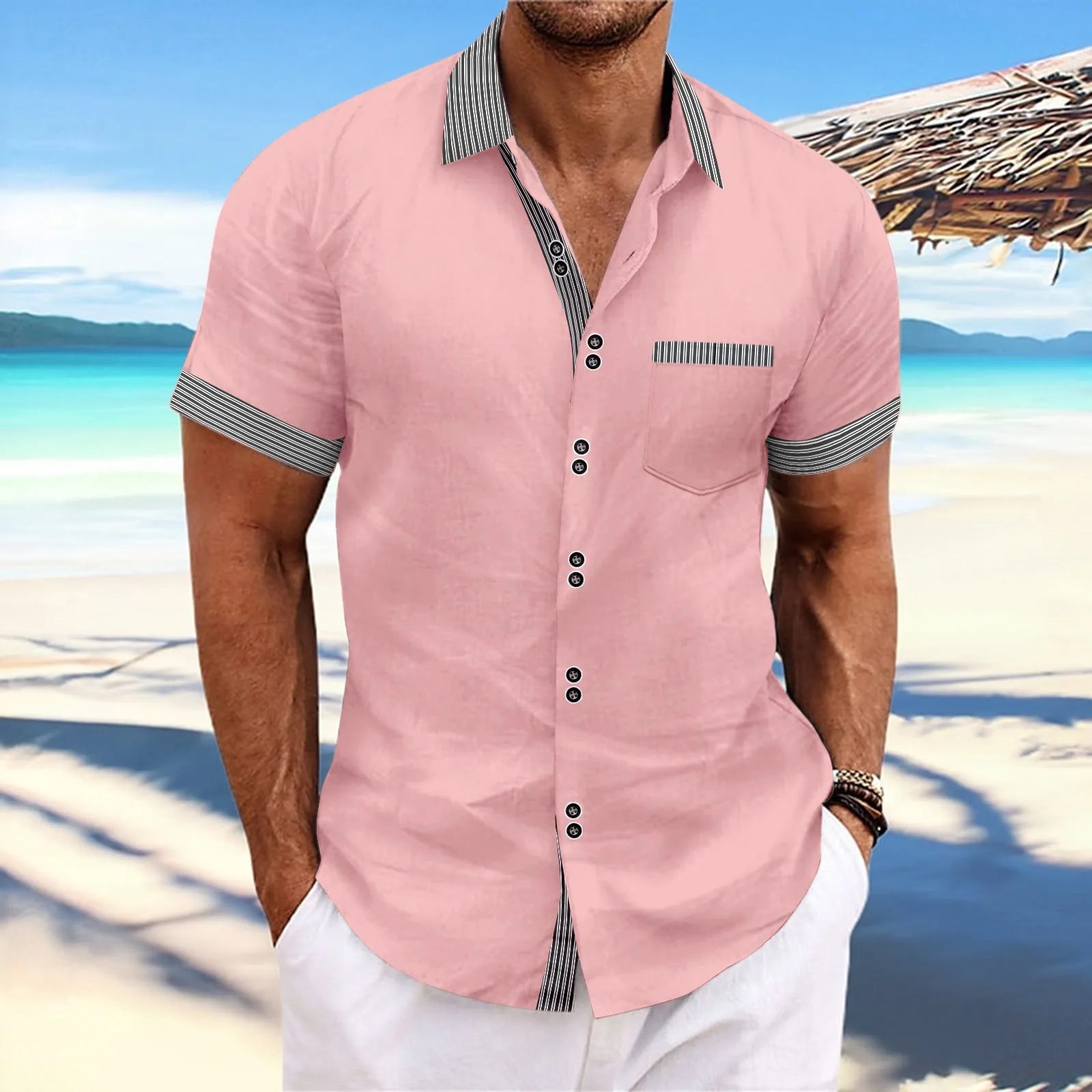 Slim fit striped casual shirt in pure cotton on a hanger, showing double-button detail.