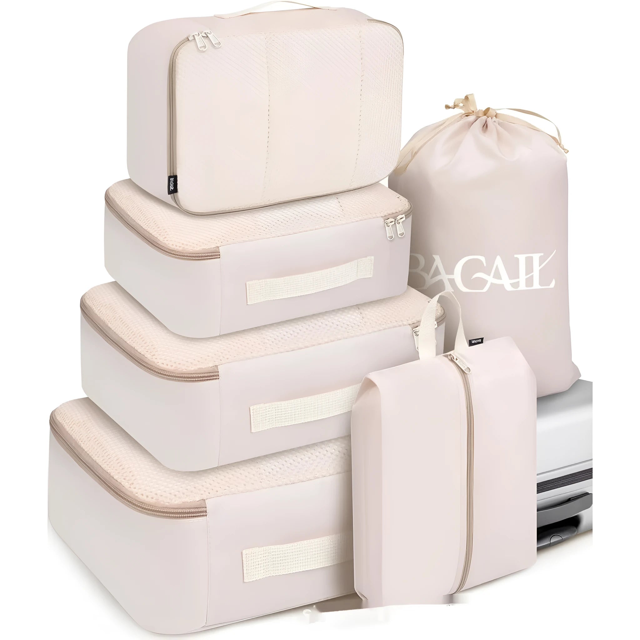 Cubic eight-piece travel packing set showing compression bags in various colours including beige, black, and pink leopard print