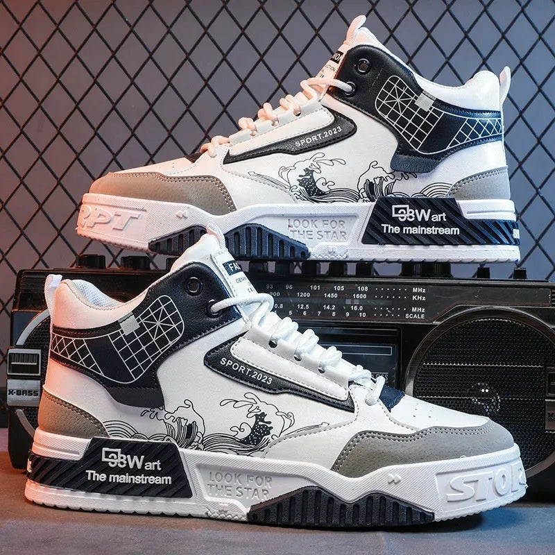 Men's high-top board shoes in beige white and blue with mesh lining and rubber sole