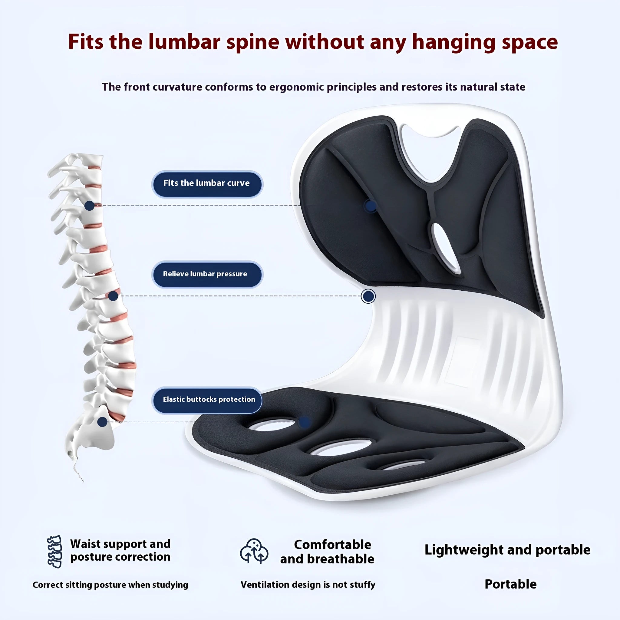 Grey lumbar support cushion on office chair for waist and lower back comfort