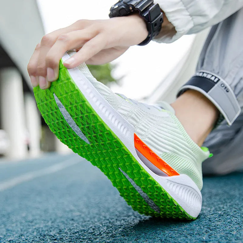 Men's breathable mesh sports shoes in blue, gray, or green with round toe and plastic injection moulded sole