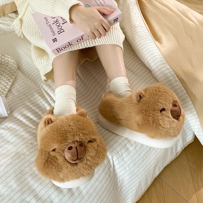 Light brown women's winter plush slippers with cartoon pattern and round toe design