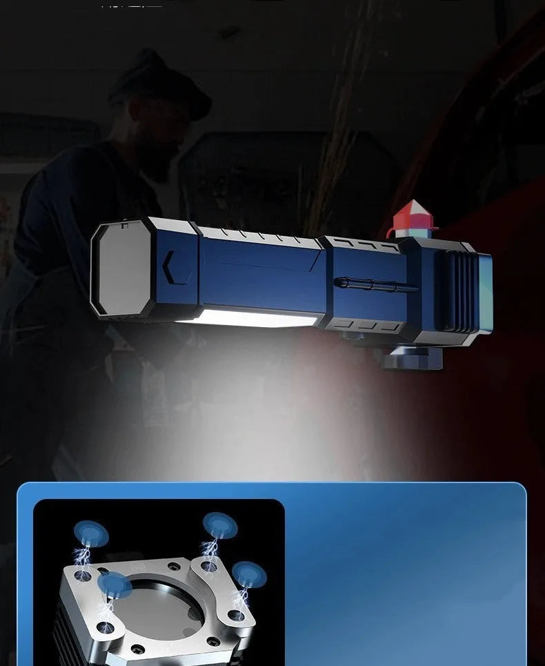Silver plastic LED emergency flashlight with integrated power bank function.