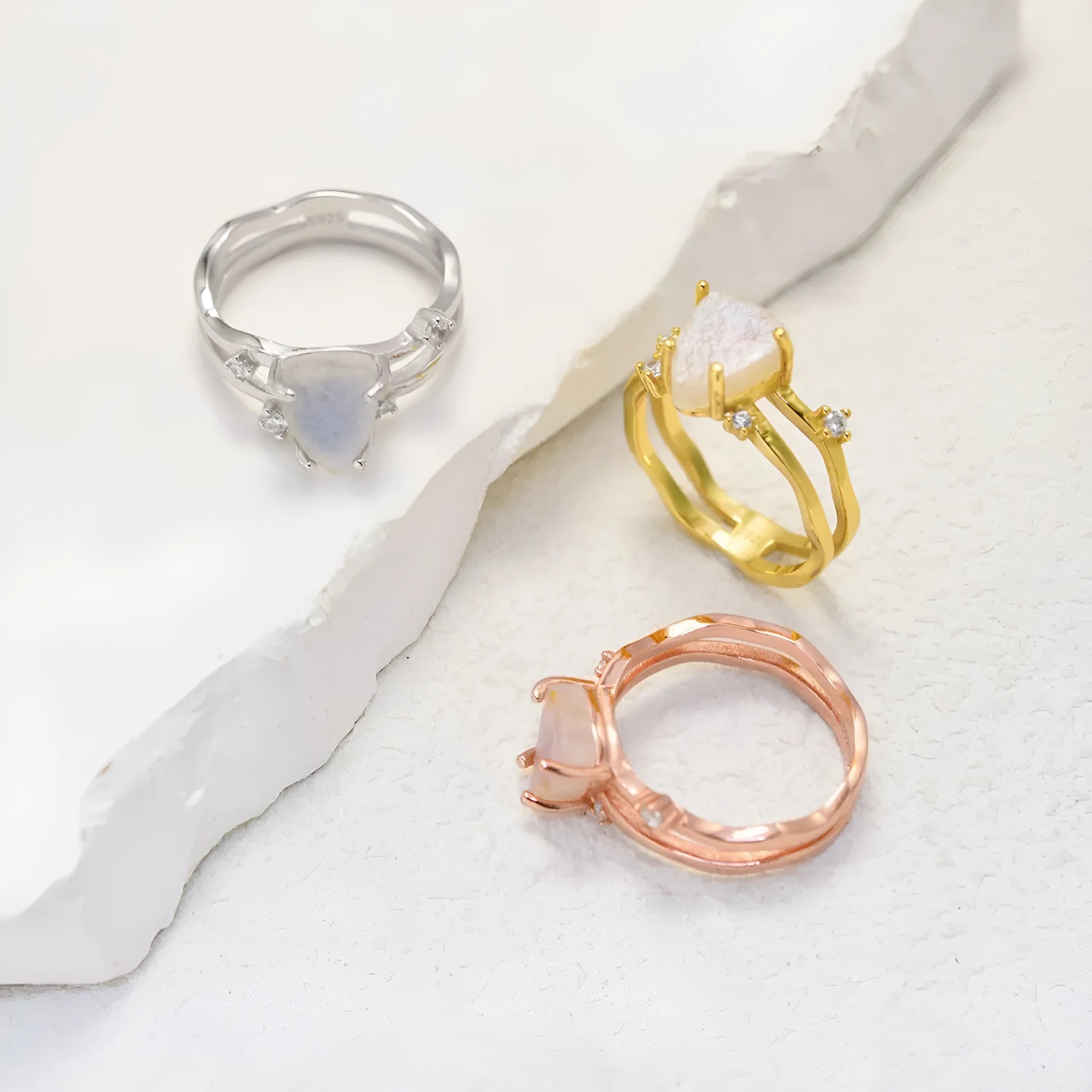 Silver irregular triangle moonstone ring in rose gold, white gold, or yellow gold electroplated finish