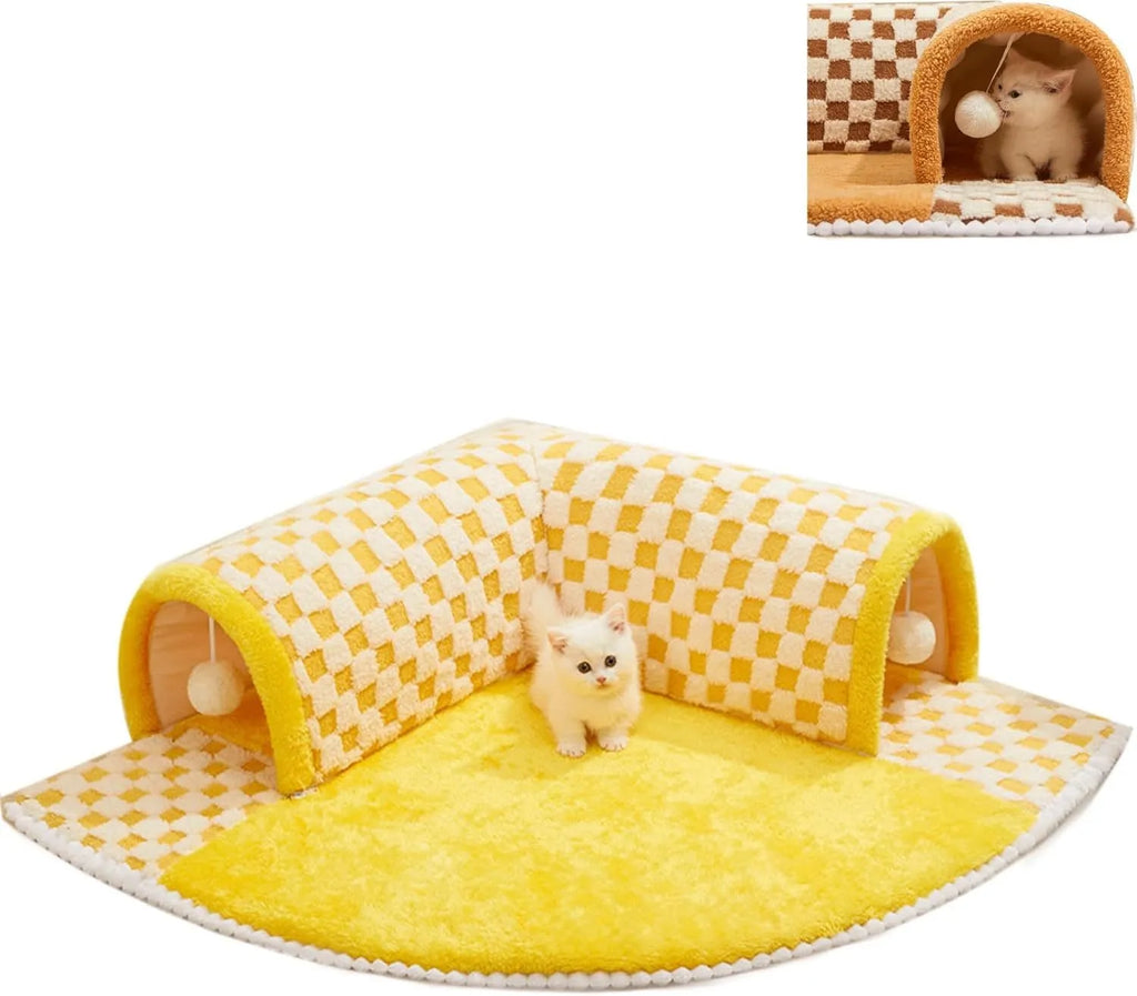 Brown and yellow plush plaid cat tunnel bed with central mat, shown in XL size for indoor cats.