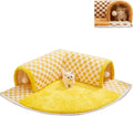 Brown and yellow plush plaid cat tunnel bed with central mat, shown in XL size for indoor cats.