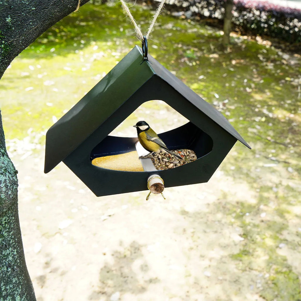 Simple modern iron bird nest feeder for outdoor garden decoration.