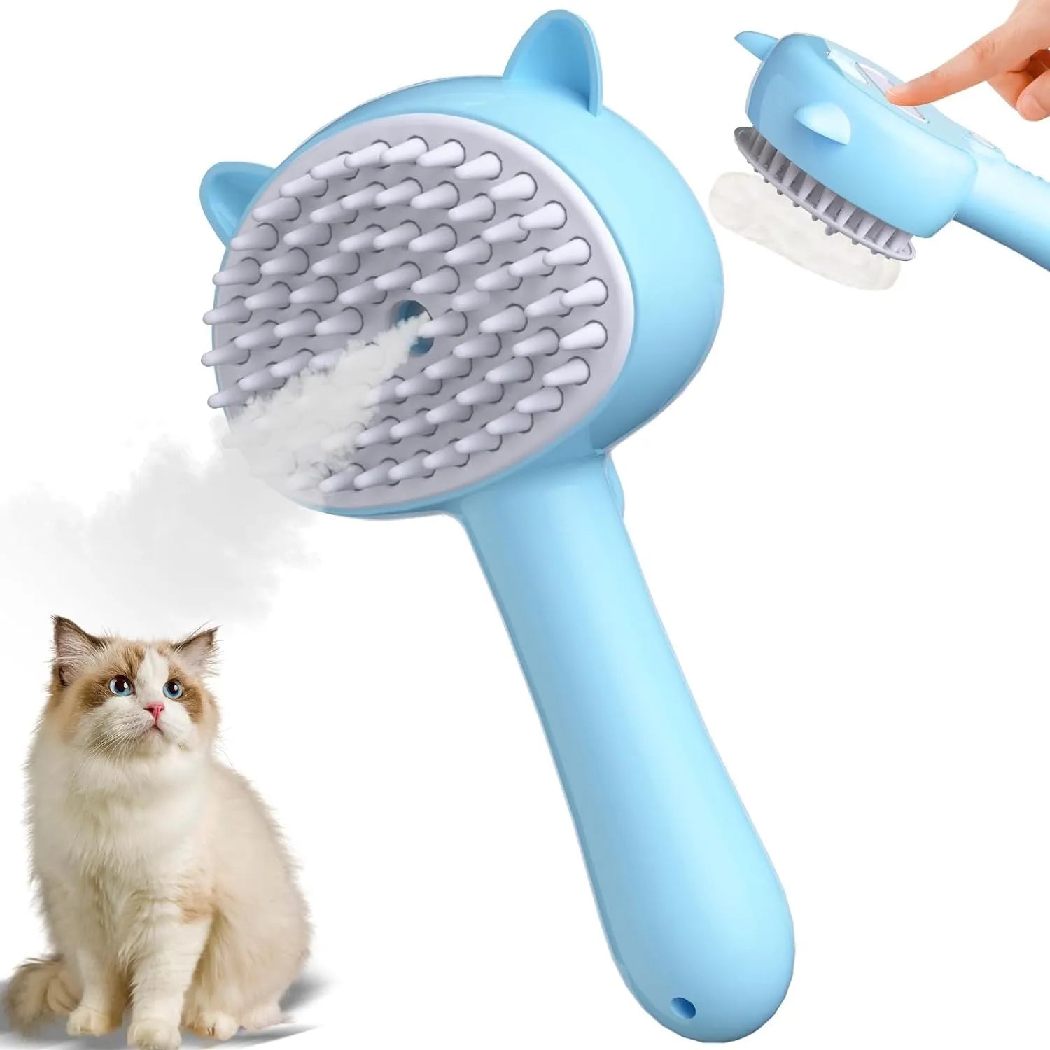 Blue pink yellow cat steam brush with ergonomic handle and release button for pet grooming