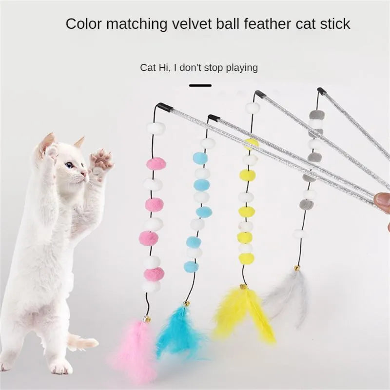 Colourful cat teaser stick with bell, feather, and acrylic pom-pom attachments on 31cm stick