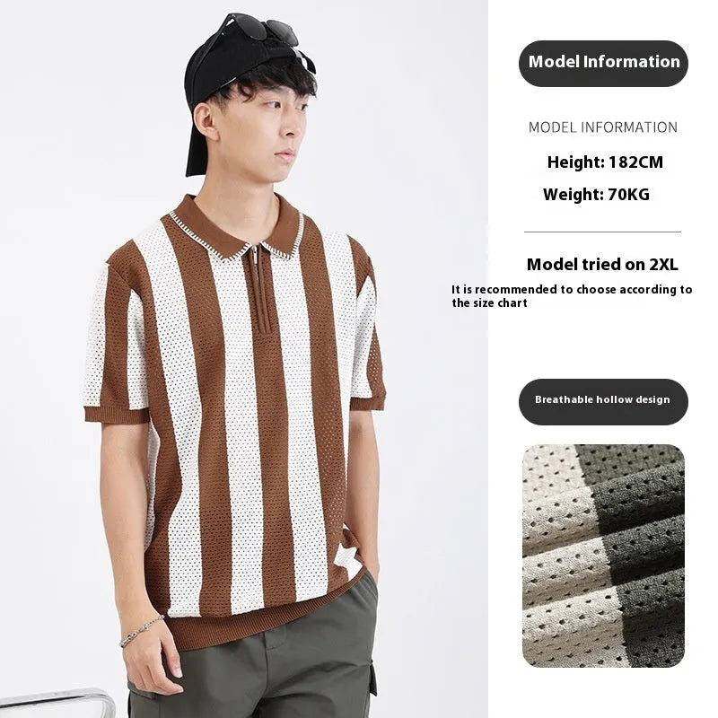 Man wearing a striped short sleeve ice silk sweater with decorative zipper details in a blue colour.