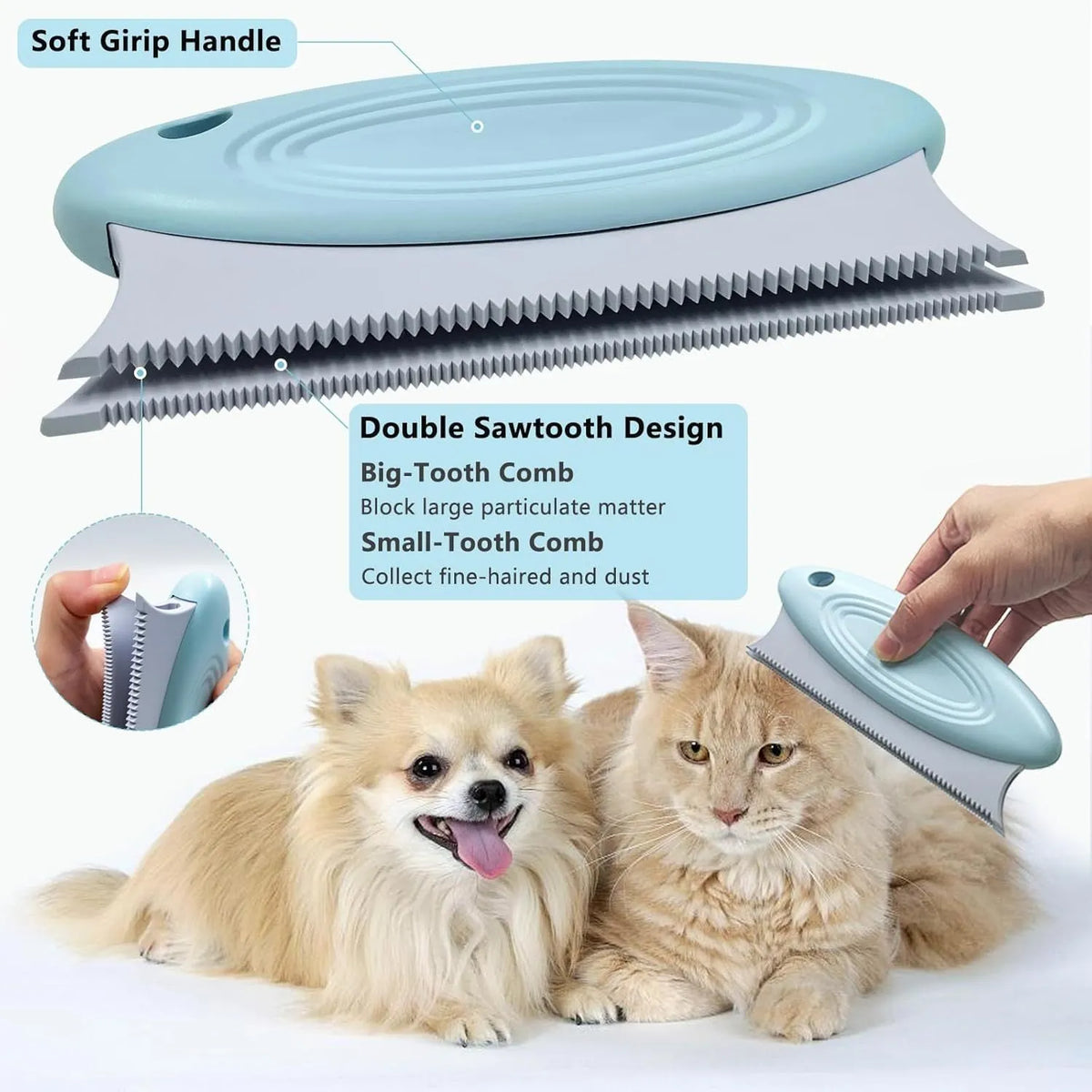 Three reusable pet hair removal tools: a metal lint shaver, a silicone brush, and a round scraper for sofas and cars.