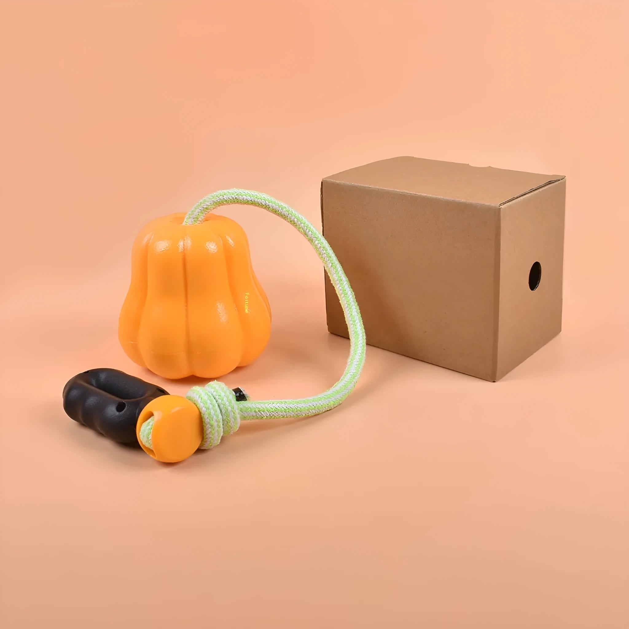 Orange pumpkin-shaped plastic dog chew toy with blue rope attached for tugging and fetching