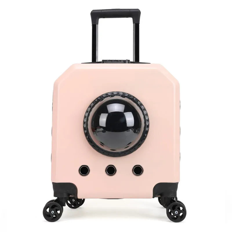 Hard-sided burgundy pet flight case on wheels with extendable handle for cat transport.