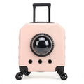 Hard-sided burgundy pet flight case on wheels with extendable handle for cat transport.